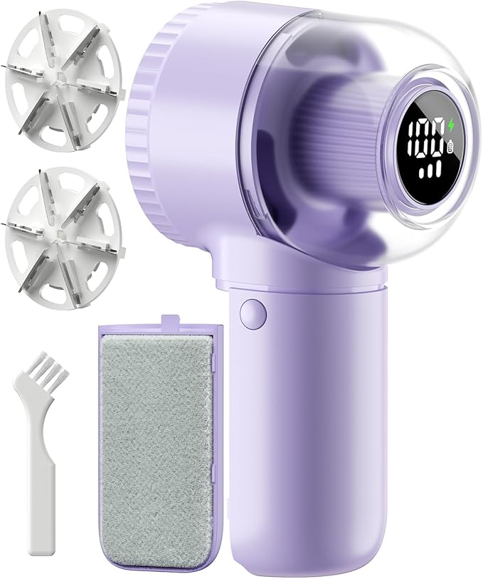 coldSky Fabric Shaver, 𝟮 𝗶𝗻 𝟭 Lint Remover with Brush, 1200mAh Sweater Shaver with Digital Display,3 Speeds Lint Shaver, 6-Leaf Blades Lint Remover for Clothes, Sofa, Bedding,Purple