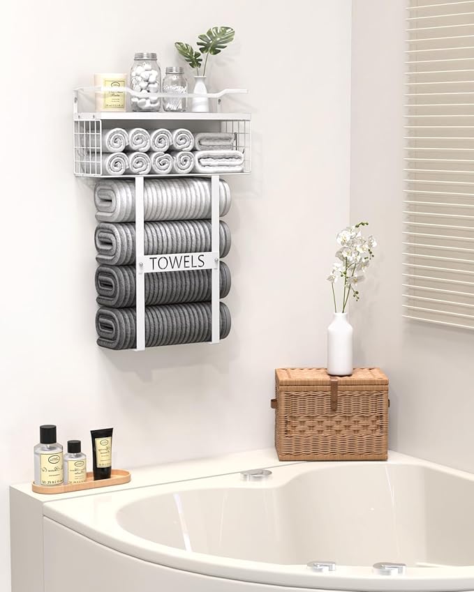 Towel Racks for Bathroom Wall Mounted - Bath Wall Towel Holder Set Above Toilet Storage, Rolled Towel Shelf Organizer for Small Bathroom All White, Wood Vertical Towel Rack for Bathroom Wall Decor