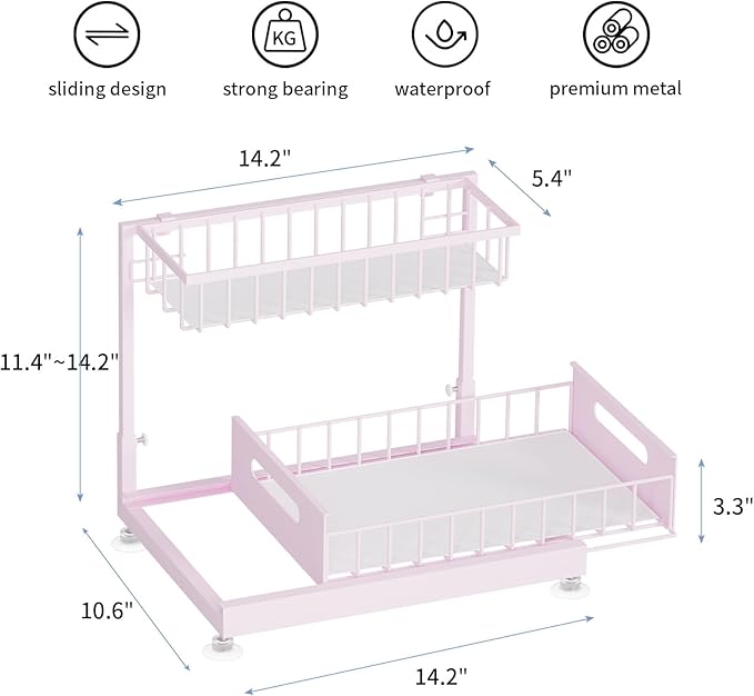 Under Sink Organizer Storage 2-Tier Premium Metal Pull-Out Kitchen Cabinet Organizer with Sliding Drawer, Height Adjustable, Heavy Duty for Kitchen & Bathroom Organizers 1 Pack Pink