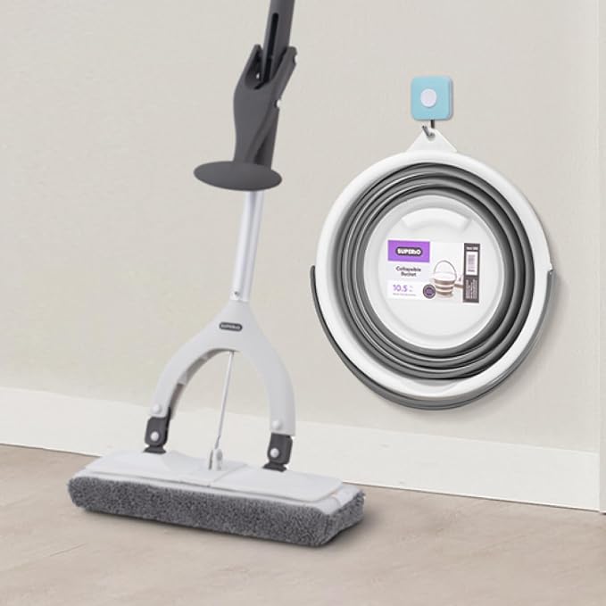 Superio Miracle Microfiber Mop with Telescopic Handle & 2-Gallon Collapsible Bucket - Lightweight Cleaning Set for Floors, Walls, Car Wash, Camping & More - Grey