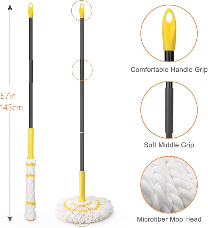 Self-Wringing Twist Mops with 1 Extra Refill, Microfiber Mops for Floor Cleaning with 57 " Long Handle, Easy Wringing Floor Mop for Hardwood Commercial Household Clean (1 Handle & 2 Mop Heads)