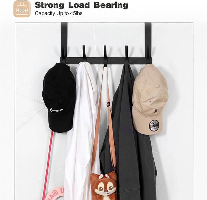 Over The Door Hooks, Door Hanger Hooks for Hanging, Over The Doors Towel Racks for Bathroom with 10 Coat Hook, Coat Rack Bathroom Accessories（2 Pack, Black）