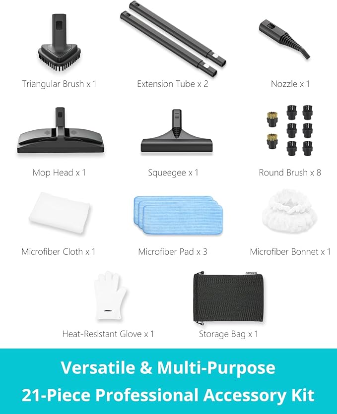 Steam Cleaner: 40s Fast Heating-0.66Gal (2.5L) Large Tank-21 PCS Kit-No Cooling-Refill Anytime-Detachable Hose Multi Portable Steamer Mop for Home Car Bed Furniture Tile Grout Floor Cleaning