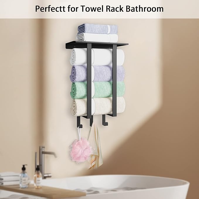 Towel Racks for Bathroom, Towel Rack with Shelf and 3 Hooks, Towel Storage Holders Wall for Rolled Bath Towels, Black