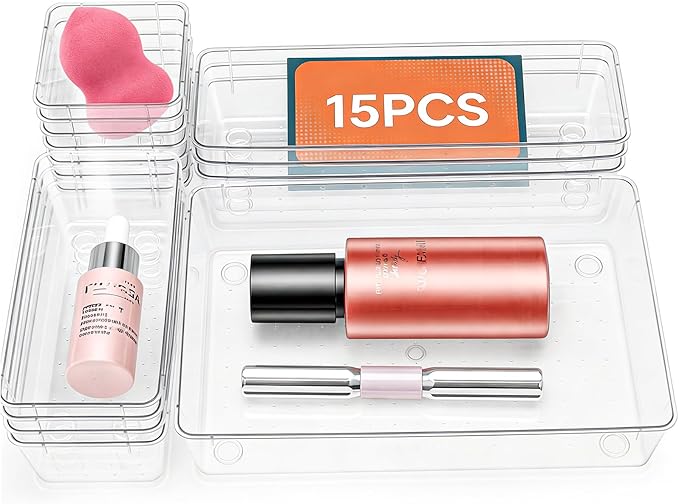 15 Pack Clear Plastic Drawer Organizer Set - 4 Sizes Makeup Vanity Organizer Chest of Drawers Storage Stackable Organizers Bins Divider Box for kitchens, Bedrooms, Bathrooms, Offices, Junk, Gadgets