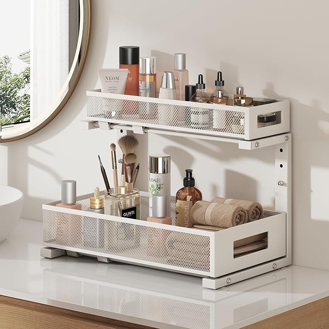 1 Pack 17IN Depth Under Sink Storage Organizer, Large 2-Tier Elegant Mesh Pull Out Shelf for Kitchen and Bathroom Cabinet Organization, L-Shaped and Adjustable Height Design-White