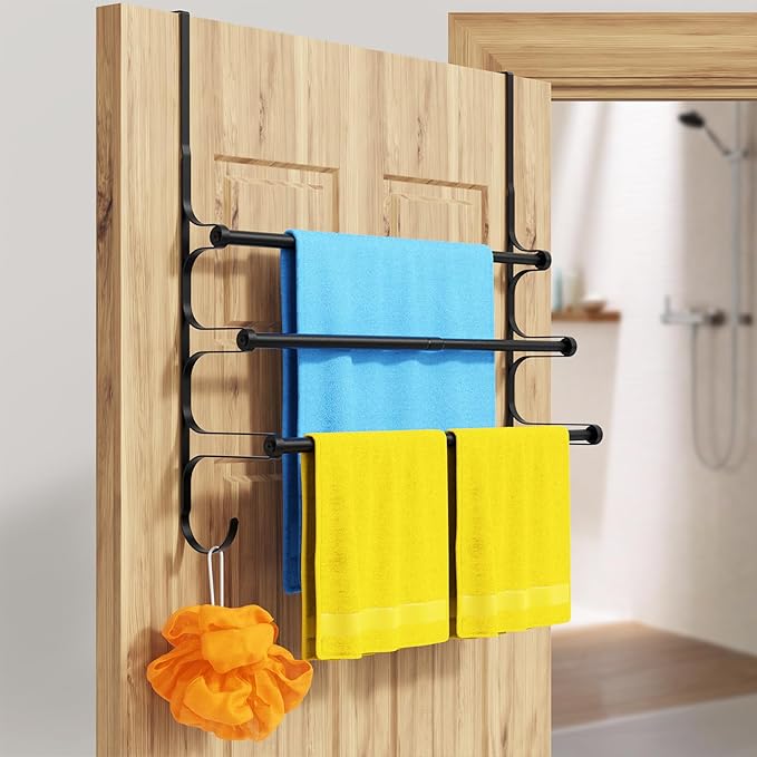 Over The Door Towel Rack, Extendable Triple Towel Storage Holder with Hooks, 24.02 Inches Towel Bar Hanger Towel Racks for Bathroom (Black)