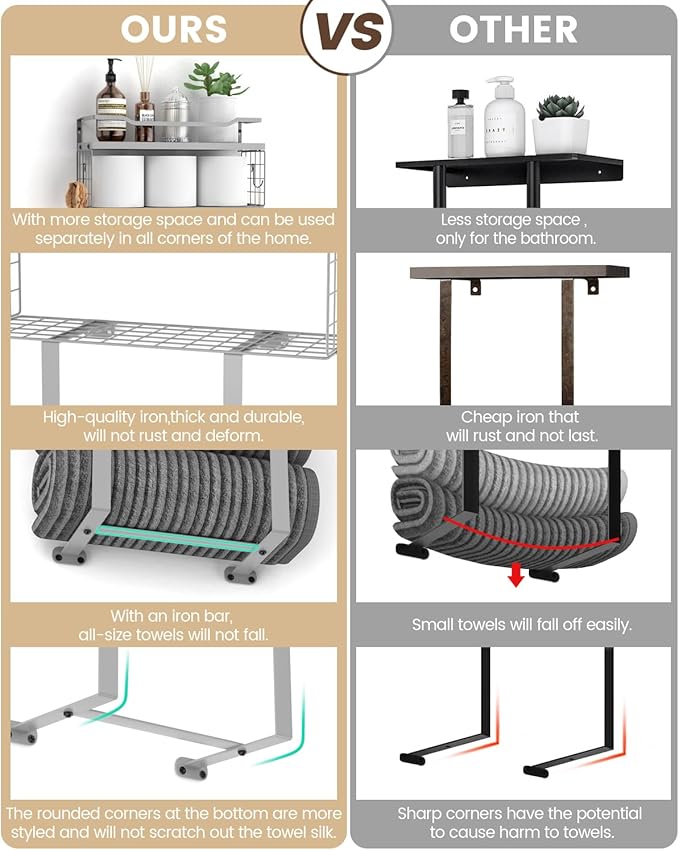 Towel Racks for Bathroom Wall Mounted - Bath Wall Towel Holder Set Above Toilet Storage, Rolled Towel Shelf Organizer for Small Bathroom, Wood Vertical Towel Rack for Bathroom Wall Decor Grey