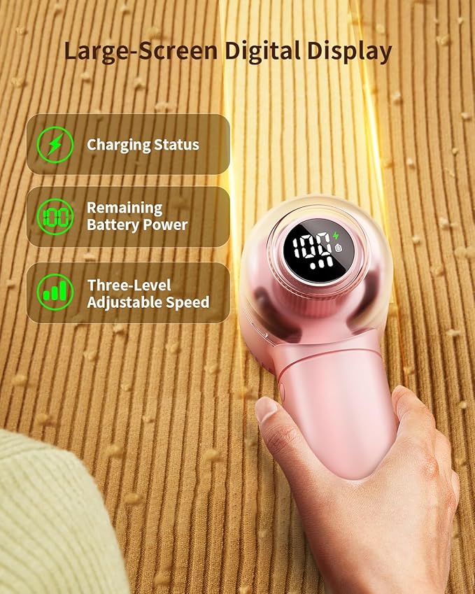 Fabric Shaver, 𝟮 𝗶𝗻 𝟭 Rechargeable Lint Remover with Brush, Large Sweater Shaver with Digital Display, 3 Speeds Lint Shaver, 6-Leaf Blades Lint Remover for Clothes, Sofa, Bedding, Pink