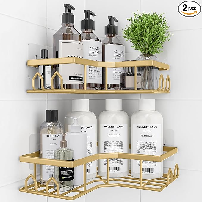 Adhesive Shower Caddy, 2 Pack Corner Bath Organizer, Rustproof Stainless Steel Shower Shelves with Large Capacity, No Drilling Shelves for Bathroom Storage, Home, Kitchen Decor (Gold).