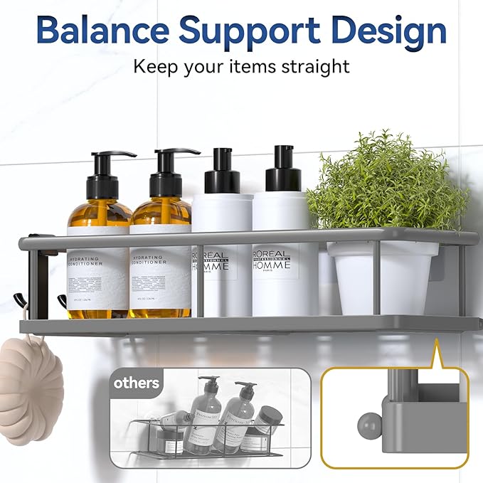 YASONIC Shower Caddy Adhesive, No Drill Bathroom Shower Organizers, with Removable Hooks and Soap Holder, Rust Proof Shower Shelves, Wall-Mounted Shower Holder, 3 Pack, Grey