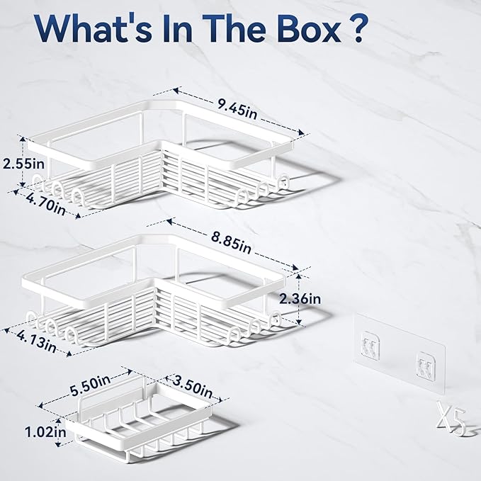 YASONIC Corner Adhesive Shower Caddy, with Soap Holder and 12 Hooks, Rustproof Stainless Steel Bathroom Organizer, No Drilling Wall Mounted Rack, White, 3-Pack