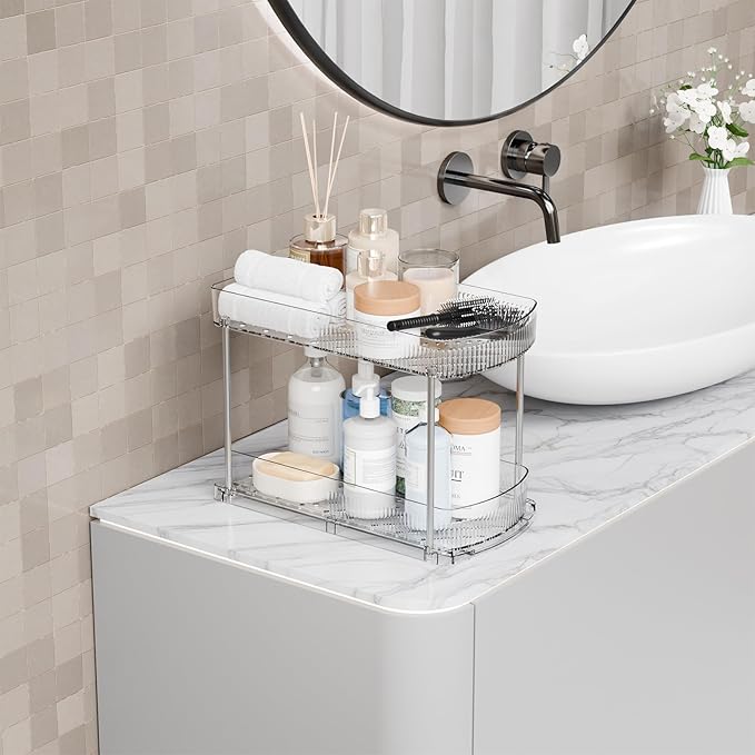 2 Pack Large Pull Out Bathroom Organizers and Storage,2 Tier 12.8″ Tall Sliding Kitchen Under Sink Organizer for Cleaning Products Storage,Acrylic Clear Bathroom inder Sink Organizer,Undersink Storage