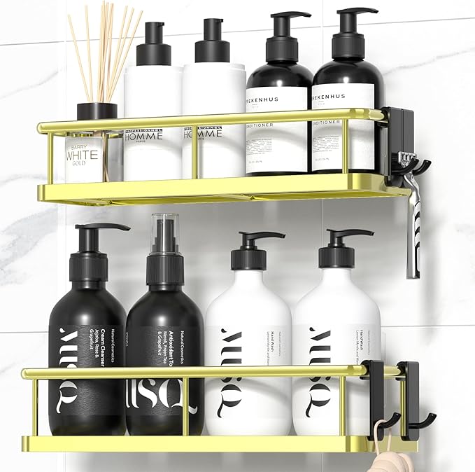 YASONIC Shower Caddy Adhesive, No Drill Bathroom Shower Organizers, with Removable Hooks, Rust Proof Shower Shelves, Wall-Mounted Shower Holder, 2 Pack Gold