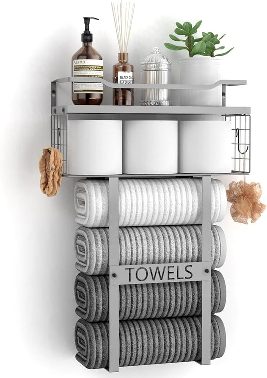 Towel Racks for Bathroom Wall Mounted - Bath Wall Towel Holder Set Above Toilet Storage, Rolled Towel Shelf Organizer for Small Bathroom, Wood Vertical Towel Rack for Bathroom Wall Decor Grey