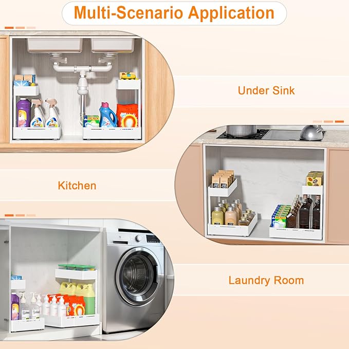 YJHome 1 Pack Expandable Under Sink Organizer, 2 Tier Pull Out Cabinet Organizer with Smooth Ball Bearing Slides, Adjustable Height Cabinet Storage Shelves for Kitchen, Bathroom, Laundry, Pantry