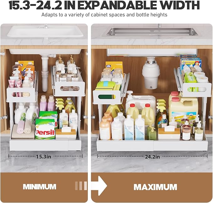 1 Pack Expandable Under Sink Organizers And Storage With Upgrade Ball-Bearing Slide Tracks,2-Tier Pull Out Under Cabinet Organizer Height Adjustable,Slide Out Under Sink Drawers-White(Patent Pending)