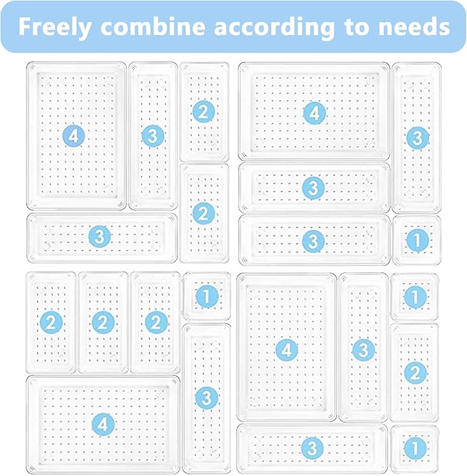 15PCS Clear Drawer Organizer Set, 4 Sizes Desk Drawer Divider Organizers Storage Bins for Bathroom,Kitchen,Office,Vanity Organizers Tray for Jewelry, Makeup, Junk, Gadgets