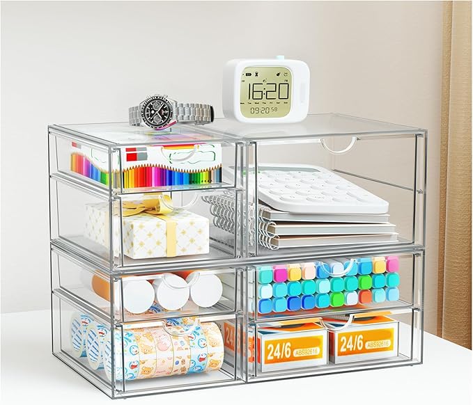 Clear Stackable Storage Drawers, Acrylic Makeup Organizer with 7 Drawers, Bathroom Organizers and Storage, Plastic Bins for For Vanity, Undersink, Kitchen Cabinets, Pantry