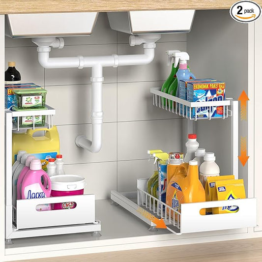 Under Sink Organizer Storage 2-Tier Premium Metal Pull-Out Kitchen Cabinet Organizer with Sliding Drawer, Height Adjustable, Heavy Duty for Kitchen & Bathroom Organizers 2 Pack White