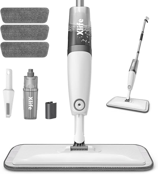 Spray Mops for Floor Cleaning, Xlife Microfiber Dust Mop with 3 Washable Pads Mop with Sprayer Wood Mops Commercial Home Use for Wood Hardwood Laminate Ceramic Tiles Floor-Gray (No Cleaner)