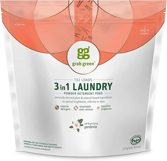 Grab Green 3-in-1 Laundry Detergent Pods, 132 Count, Gardenia Scent, Plant and Mineral Based, Superior Cleaning Power, Stain Remover, Brightens Clothes