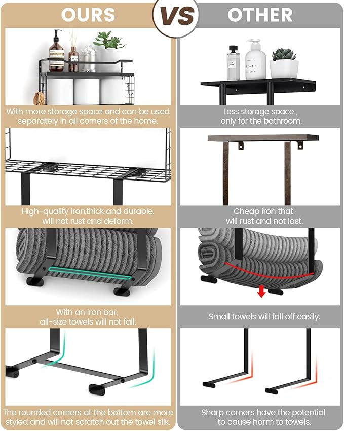 Wall Mounted Towel Rack for Bathroom - Bath Storage Holder Set Above Toilet, Rolled Towel Shelf Organizer, Wood Vertical Rack for Small Bathroom Decor, Black