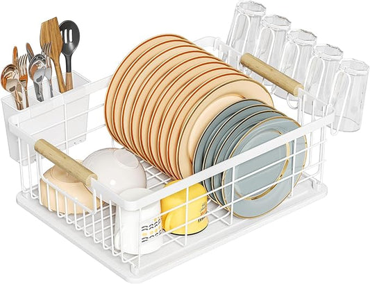 Dish Drying Rack White with Diatomaceous Earth 1 Tier,Multifunctional Dish Racks for Kitchen Counter Quick-Drying,Large Capacity Space Saving with Cutlery Cups Holder