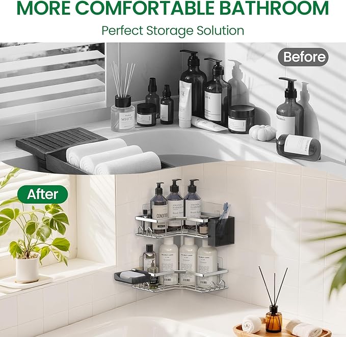 Adhesive Shower Caddy, 6 Pack Corner Bath Organizer, Rustproof Stainless Steel Shower Shelves with Large Capacity, No Drilling Shelves for Bathroom Storage, Home, Kitchen Decor (Silver).