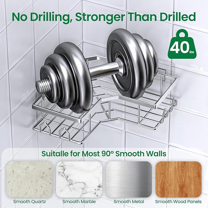 esive Shower Caddy, 2 Pack Corner Bath Organizer, Rustproof Stainless Steel Shower Shelves with Large Capacity, No Drilling Shelves for Bathroom Storage, Home, Kitchen Decor (Silver).