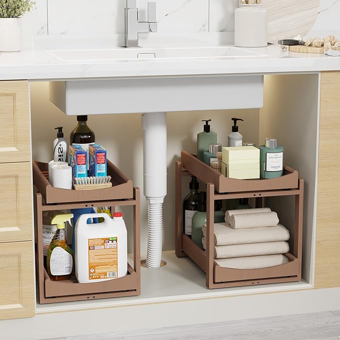 Bamboo Under Sink Organizer Adjustable Height 2 Tier Bathroom Organizer Pull Out Cabinet Storage Kitchen Heave Duty Wood Slide Ou Shelf for Kitchen Bathroom (Black, 2 Packs) (Brown, 2 Packs)