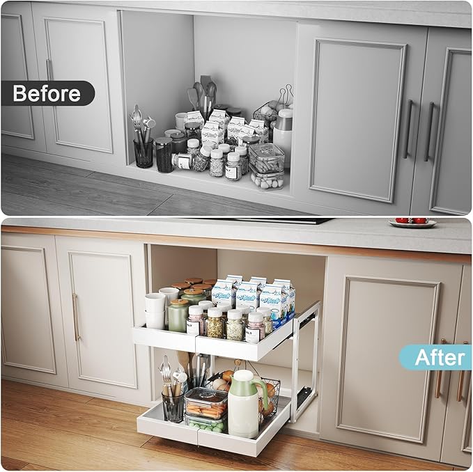 Golener 2-Tier Expandable Pull Out Cabinet Organizer - Slide Out Drawers for Kitchen Cabinets, Bathroom Organizers and Storage, Under Sink Organizer for Kitchen Storage Organization, White Metal Frame