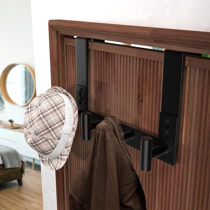 WUIVIUT Door Towel Rack, Wooden Door Metal Hook, Heavy-Duty Storage Clothes Hanger, Outerwear Backpack (4 Hook, Fits 1-3/4'' Thick)