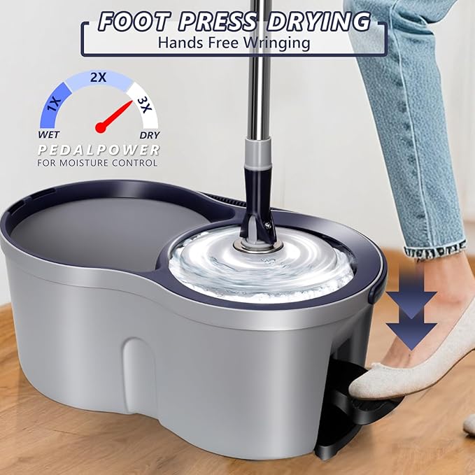 Spin Mop and Bucket Set,Masthome EasyWring Microfiber Spin Mop with 3 Mop Pads,Pedal Spinning Mops and Bucket with Wringer Set for Floor Cleaning - Home & Office Suitable