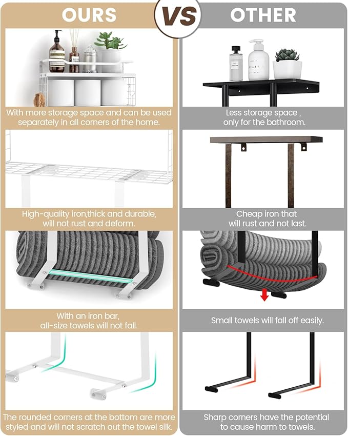 Towel Racks for Bathroom Wall Mounted - Bath Wall Towel Holder Set Above Toilet Storage, Rolled Towel Shelf Organizer for Small Bathroom All White, Wood Vertical Towel Rack for Bathroom Wall Decor