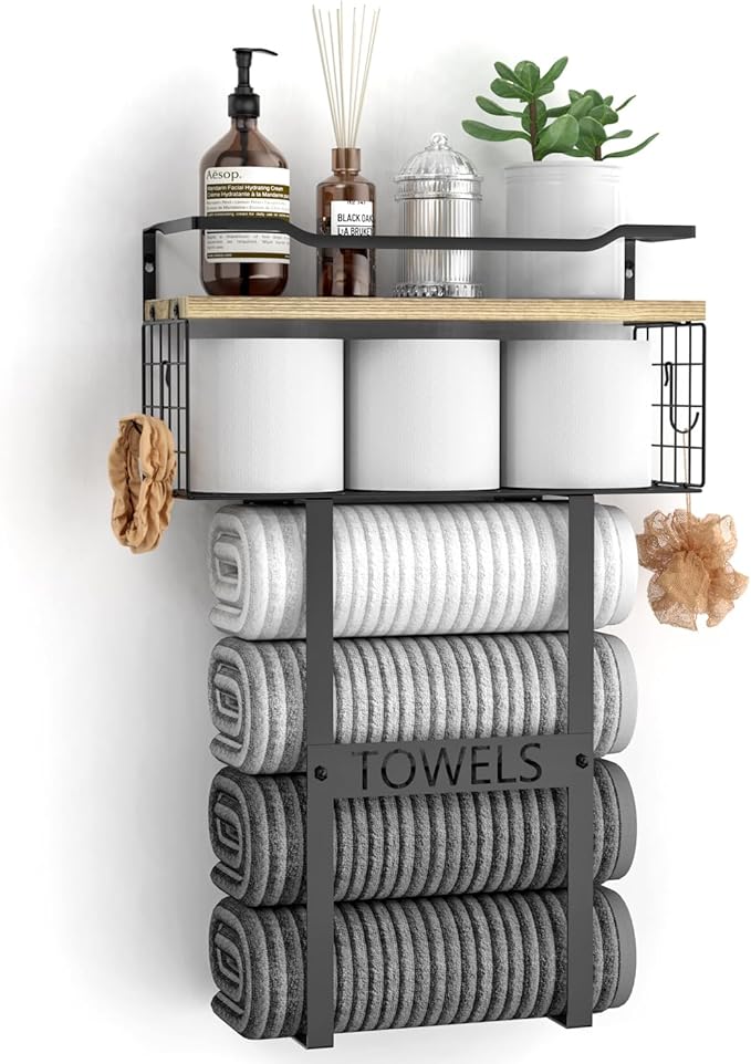 Towel Racks for Bathroom Wall Mounted - Bath Wall Towel Holder Set Above Toilet Storage, Rolled Towel Shelf Organizer for Small Bathroom, Wood Vertical Towel Rack for Bathroom Wall Decor