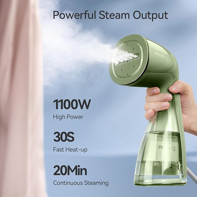HiLIFE Steamer for Clothes, 1100W Clothes Steamer with Large 300ml Tank, Handheld Clothing Steamer, Fabric Wrinkle Remover, Portable & Compact Travel Size Garment Steamer ONLY FOR 120V (Green)