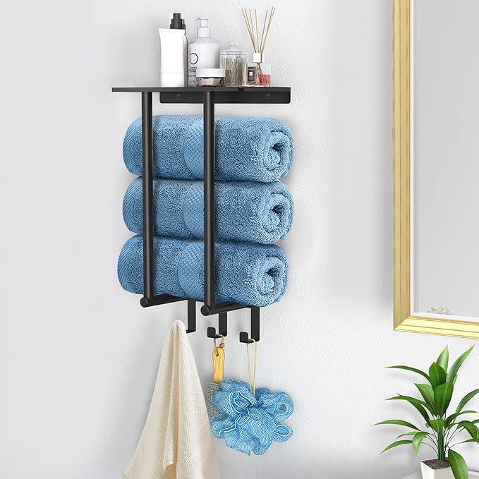 Towel Racks for Bathroom, Bathroom Towel Rack Wall Mounted with Metal Shelf and 3 Hooks for Small Bathroom, Black