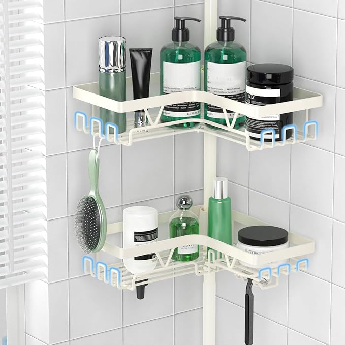 Corner Shower Caddy Tension Pole, 4-Tier Adjustable Corner Shower Caddy with Soap Dish & Razor Holder, Stainless Steel Tension Pole Shelf Fits Bathtub & Floor 25-114.2 inches(Off-white)