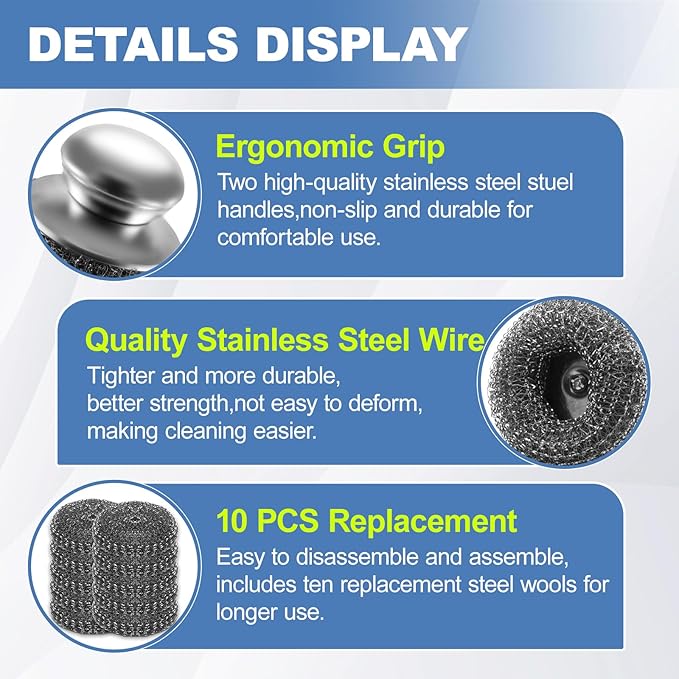 10Pcs Steel Wool Scrubber, Steel Wool Pads with 2Pcs Handle, Stainless Steel Scrubber for Dishes, Kitchen, Cleaning, Stoves, Pots and Pans, Grill, Wash Sink, Cleaning Dishes
