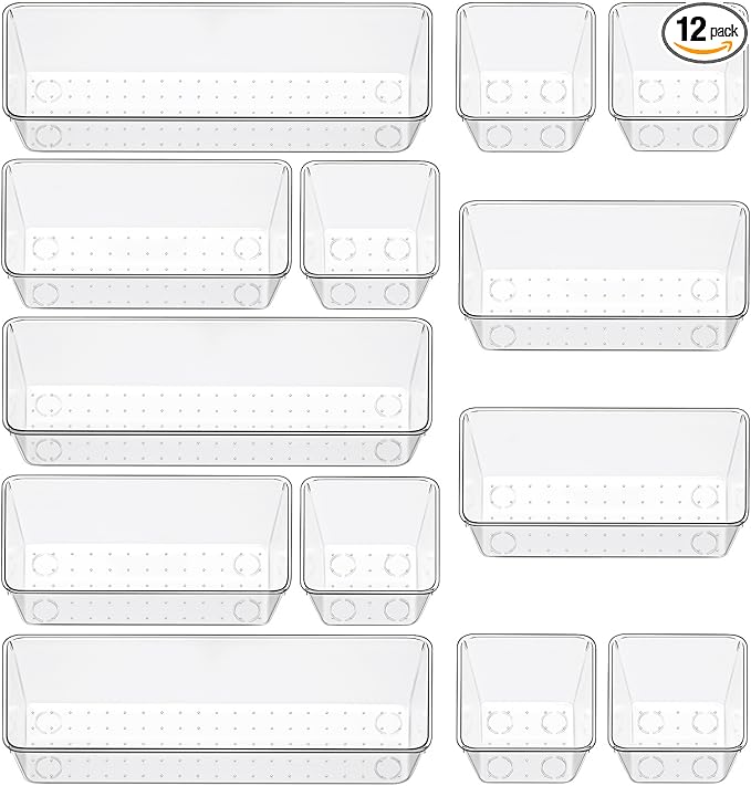 12 Piece Clear Drawer Organizer Set, 3 Sizes Bathroom Vanity Organizer Trays and Storage Bins for Makeup, Cosmetics, Jewelry, and Gadgets. Perfect for Office, Kitchen, Bedroom, Bathroom Use.