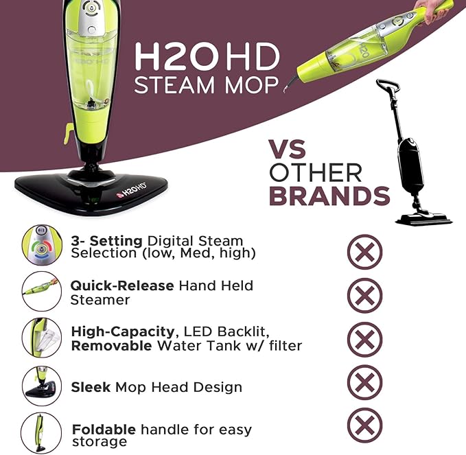 H2O HD 3-in-1 Steam Mop & Handheld Steam Cleaner – Carpet Cleaner, Grout Tools, Chemical-Free, Lightweight & Compact, 1500W, 450ml Tank, Variable Settings