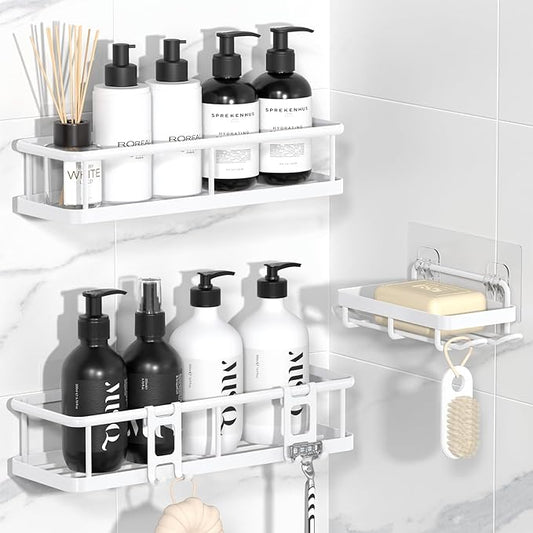 YASONIC Shower Caddy Adhesive, No Drill Bathroom Shower Organizers, with Removable Hooks and Soap Holder, Rust Proof Shower Shelves, Wall-Mounted Shower Holder, White, 3 Pack, YS-K-419E