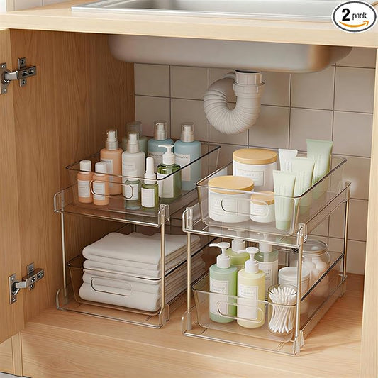 2 Pack Under Sink Organizer, 2 Tier Clear Bathroom Organizers and Storage, Pull-Out Medicine Cabinet Organizer, Multi-Purpose Cabinet Organizer with Track for Bathroom, Kitchen, Pantry, Vanity Storage