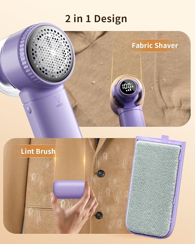 coldSky Fabric Shaver, 𝟮 𝗶𝗻 𝟭 Lint Remover with Brush, 1200mAh Sweater Shaver with Digital Display,3 Speeds Lint Shaver, 6-Leaf Blades Lint Remover for Clothes, Sofa, Bedding,Purple