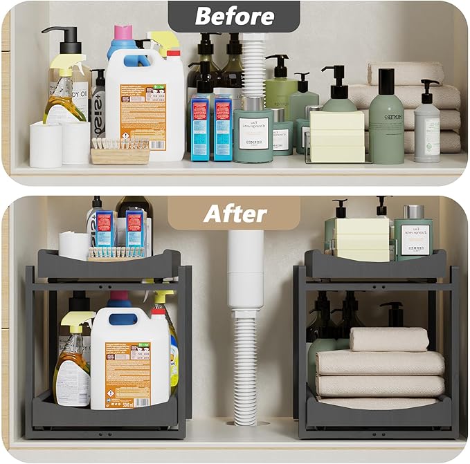 Bamboo Under Sink Organizer Adjustable Height 2 Tier Bathroom Organizer Pull Out Cabinet Storage Kitchen Heave Duty Wood Slide Ou Shelf for Kitchen Bathroom (Black, 2 Packs)