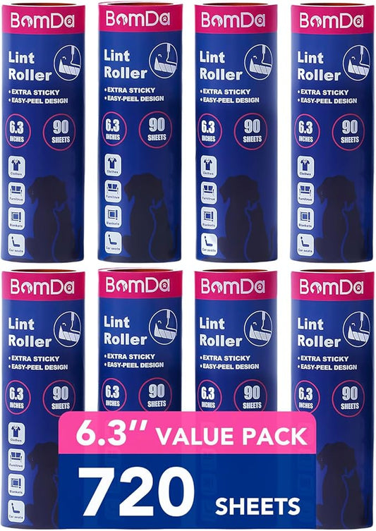 Extra Sticky Large Surface Lint Roller, 6.3'' Giant Lint Roller for Pet Hair, 270 Sheets/ 3 Refills, Long Handle Lint Remover for Clothes, Furniture, Dog & Cat Hair Remover (720 Sheets)