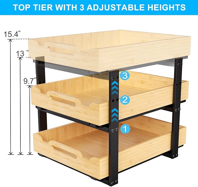 Golener Pull Out Cabinet Organizer - 2-Tier Slide Out Bamboo Drawers for Kitchen Cabinets, Bathroom Organizers and Storage, Under Sink Organizer for Kitchen Storage Organization with Coated Iron Frame