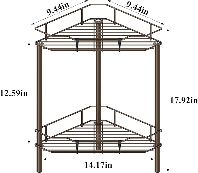 2 Tier Floor Standing Corner Shower Caddy Organizer Shelf with Hooks, Bathroom Shelves Stand Rack, Bronze