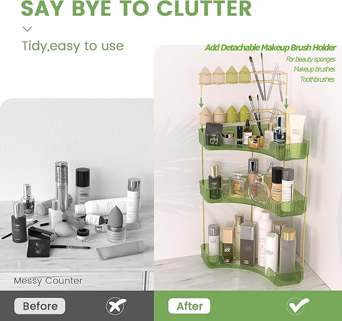 NATURE'S SOURCE Makeup Organizer for Vanity, 3-Tier Corner Bathroom Organizer Countertop with Makeup Brush Holder, Corner Counter Storage for Bathroom Dresser- Green